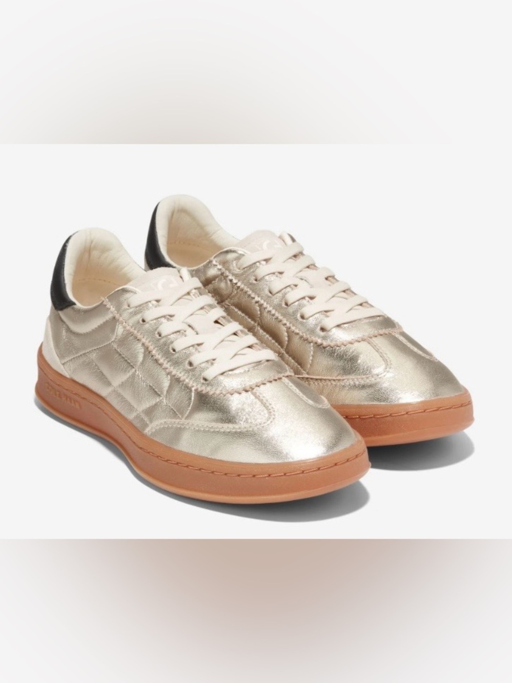 Cole Haan Metallic Gold Leather Sneakers with Gum Sole and Black Heel Tab Size 6